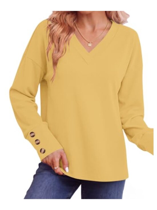 Tops - Womens V Neck Pullover Top Long Sleeve Sweatshirt Casual Loose Fit